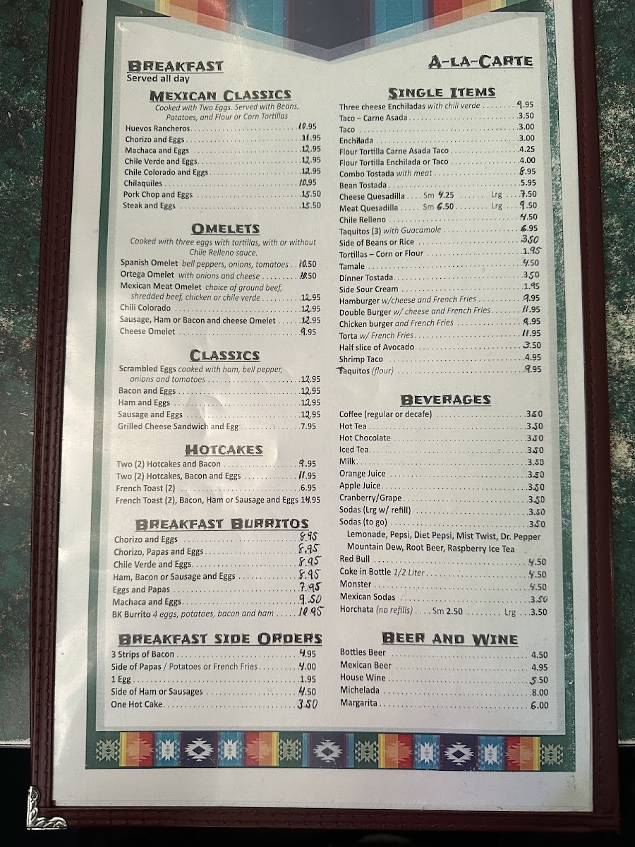 Velasco's Mexican Restaurant Menu - Image 1